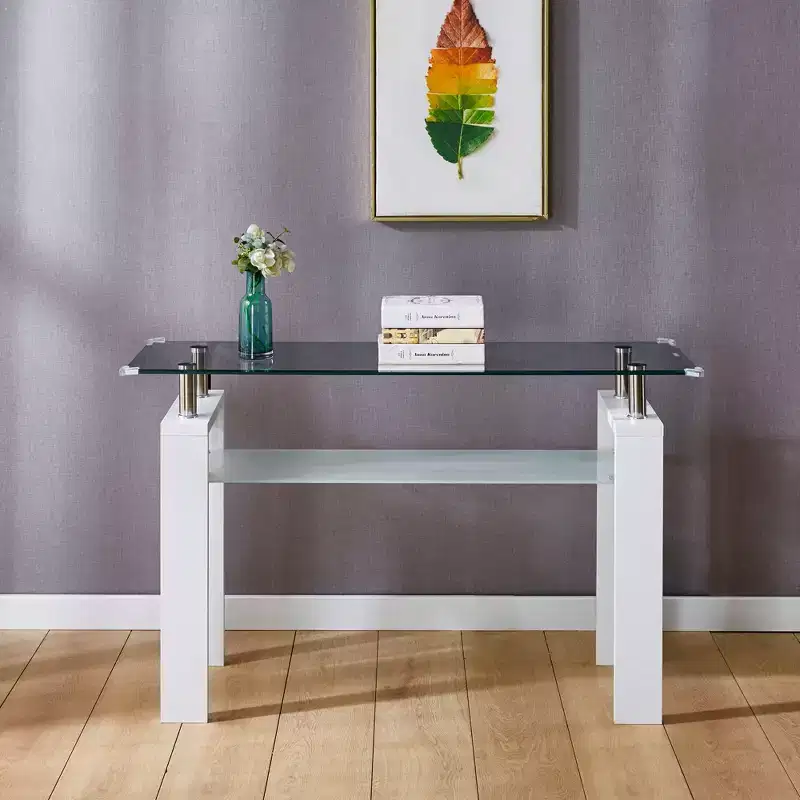 Modern Console Table with Tempered Glass Top, Entryway Table with Storage Shelf, Accent Table for Living Room, Hallway, Foyer, White