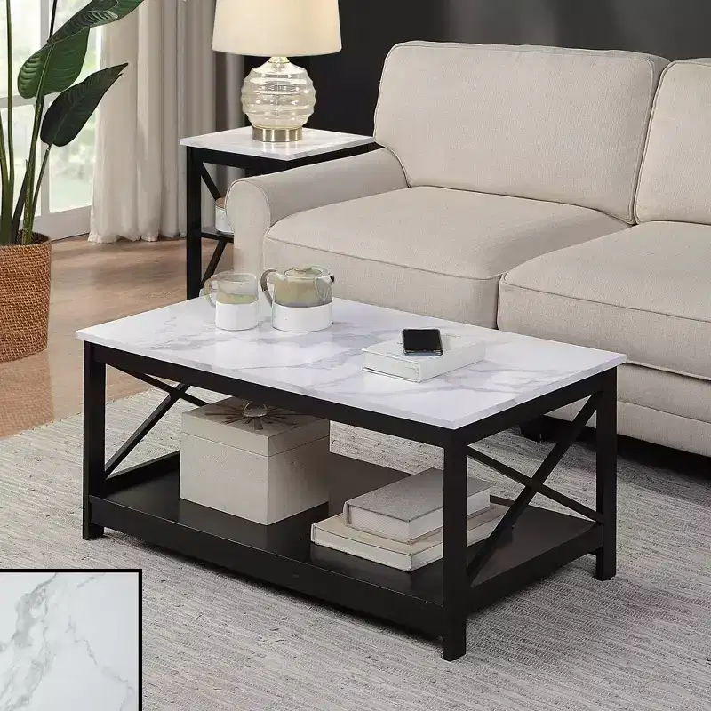 Breighton Home Oxford Coffee Table with Shelf in White Faux Marble/Black
