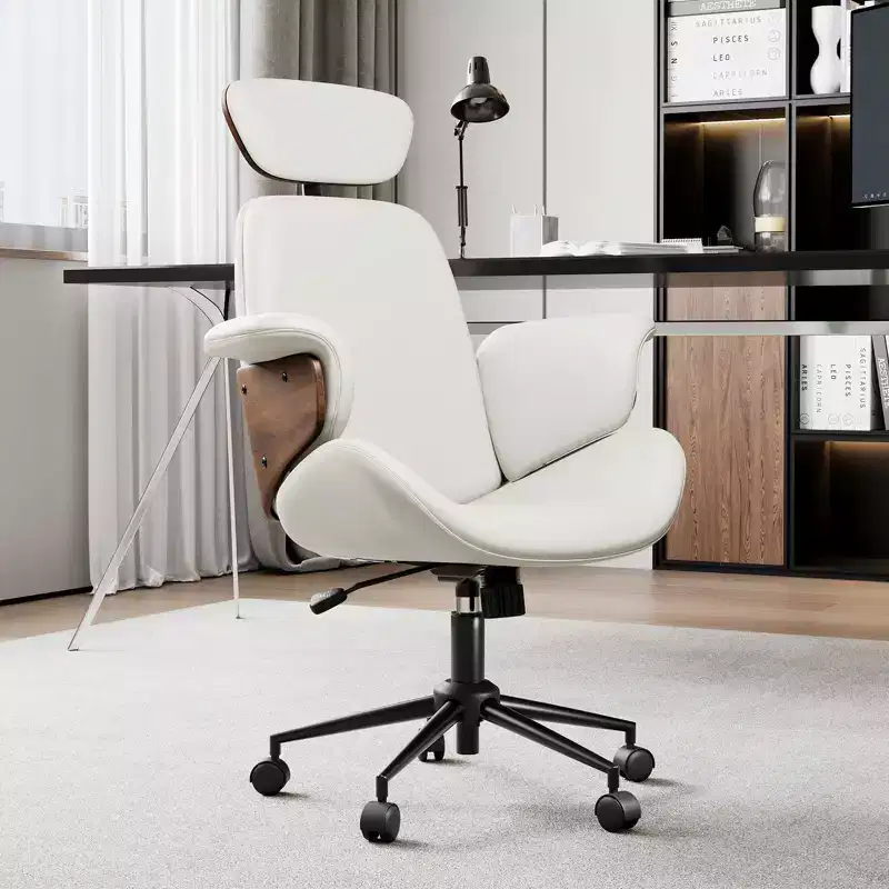 Office Chair with Wheels, PU Leather Swivel Desk Chair, Bentwood Arms, Height Adjustable