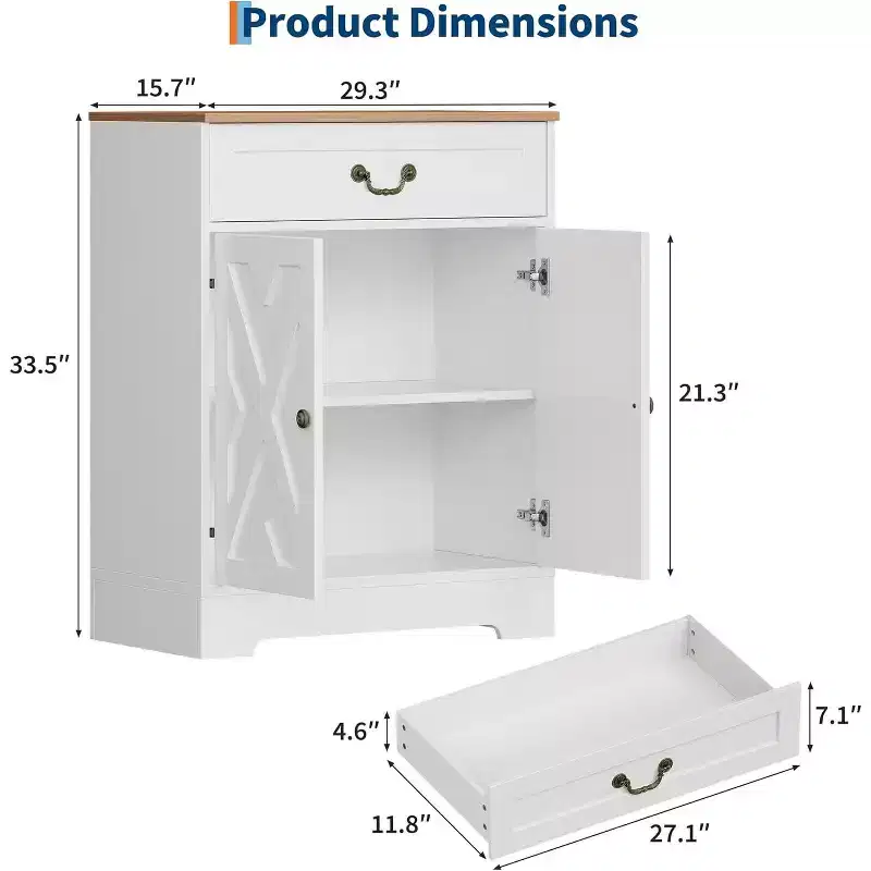 Kitchen Storage Cabinet,Farmhouse Sideboard Buffet Cabinet with Drawer & Adjustable Shelves, Dining Room Coffee Bar Organizer, White