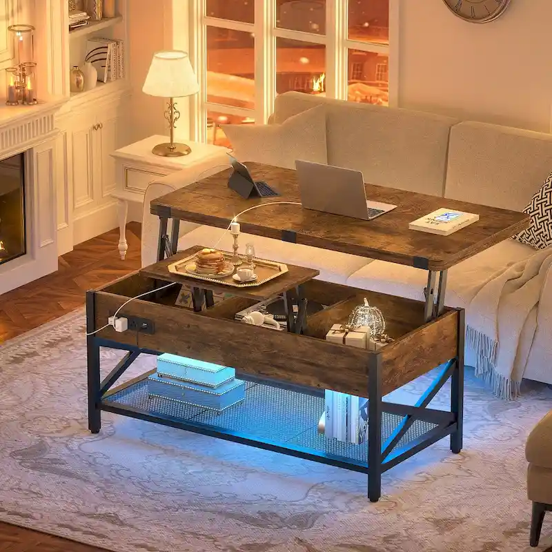Expandable Lift Top Coffee Table Converts to Dining Table with LED Light and Power Outlet - 39 in. W X 41.73 in. L X 26.6 in. H