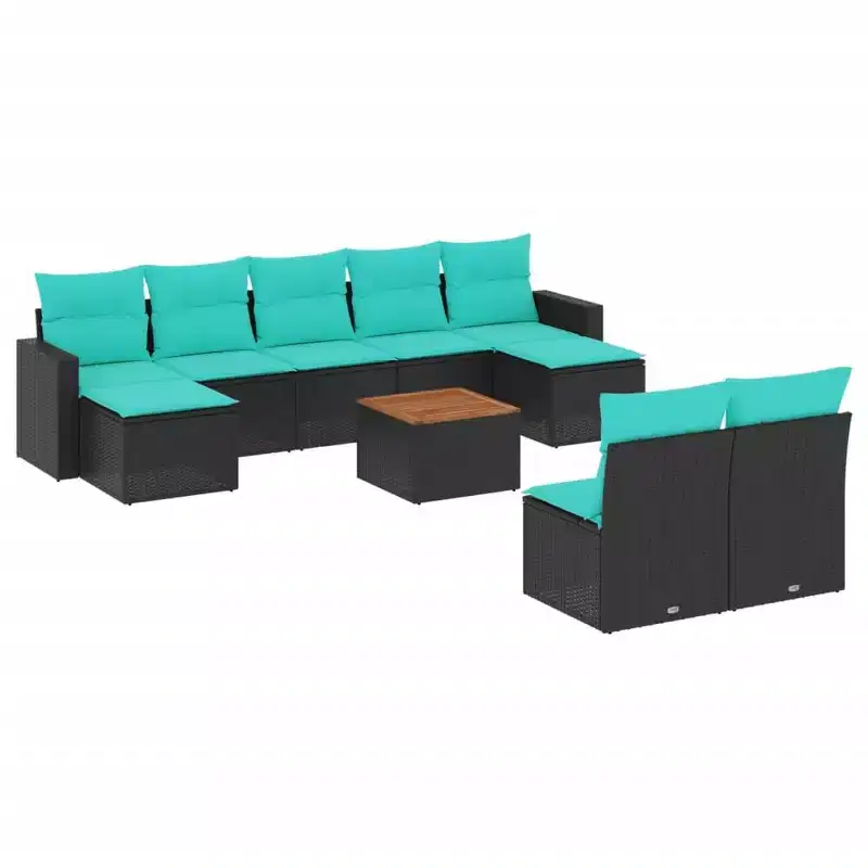 vidaXL 10 Piece Patio Sofa Set with Cushions Black Poly Rattan