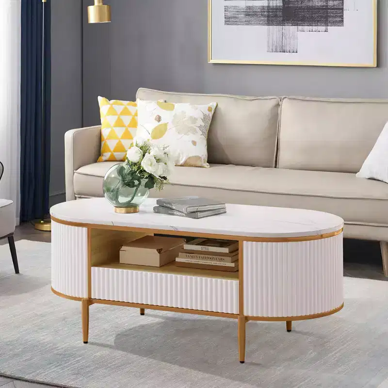 Oval Coffee Table with Storage, Faux Marble Top, Gold Metal Legs, White