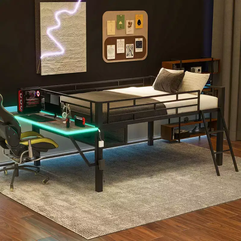 Whisen 92.8''L x 41.7''W Gaming Style Black Metal Loft Bed with Built in Desk, Ladder and Shelf