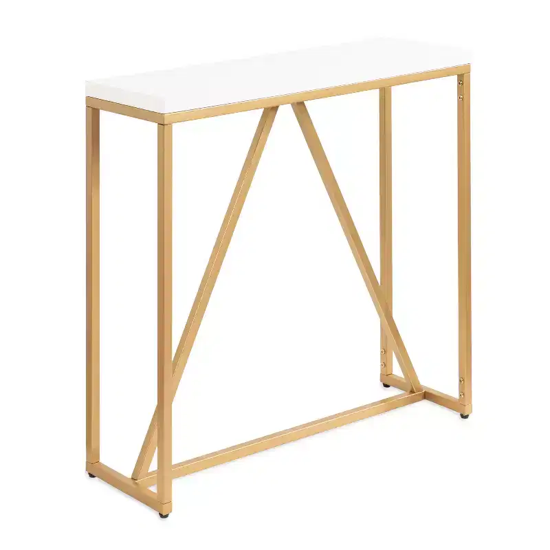 30x10x30 Rectangle Console Table - White & Gold, Geometric Metal Base, MDF Top