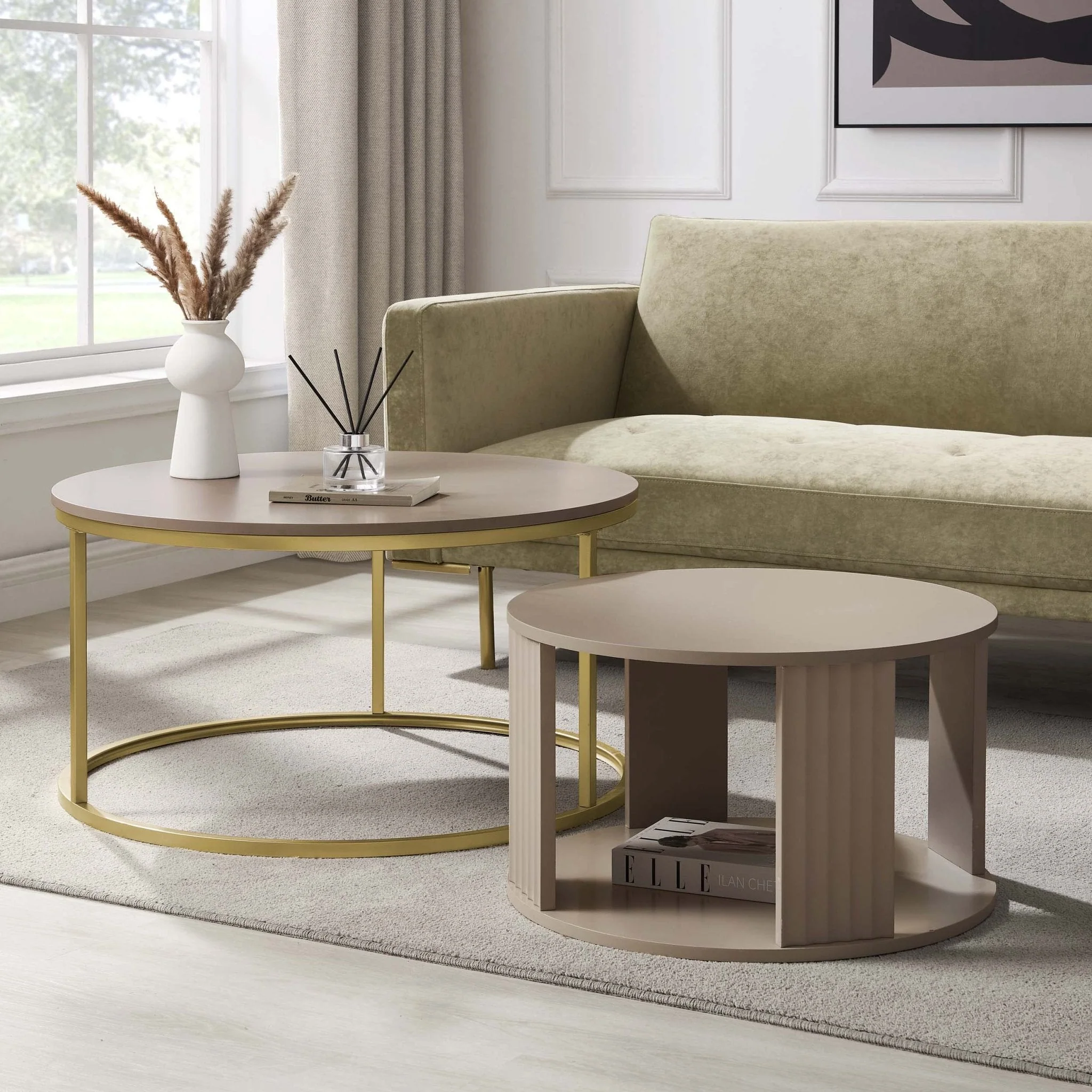 Modern Taupe Painted Coffee Table with Gold Accents for Living Room