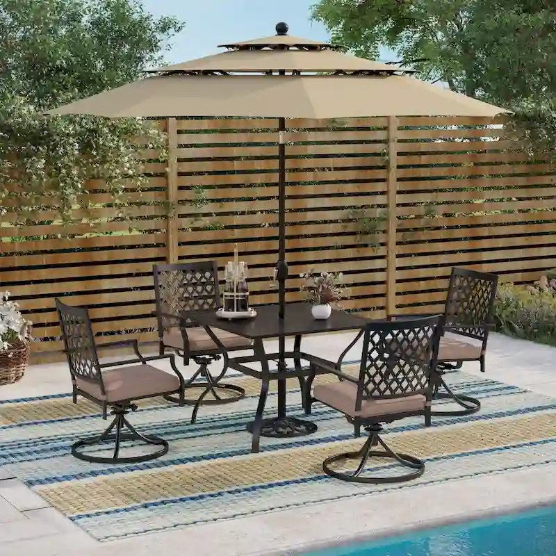 MAISON ARTS 6-Piece Metal Patio Dining Set: 4 Swivel Chairs, 1 Steel Frame Square 37 Table and 1x10ft 3-Tier Red Umbrella
