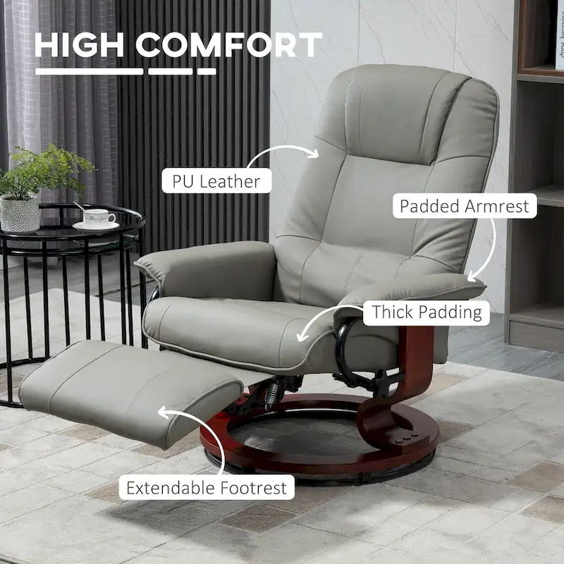 Faux Leather Manual Swivel Recliner Chair with Footrest, Armrest and Wrapped Wood Base