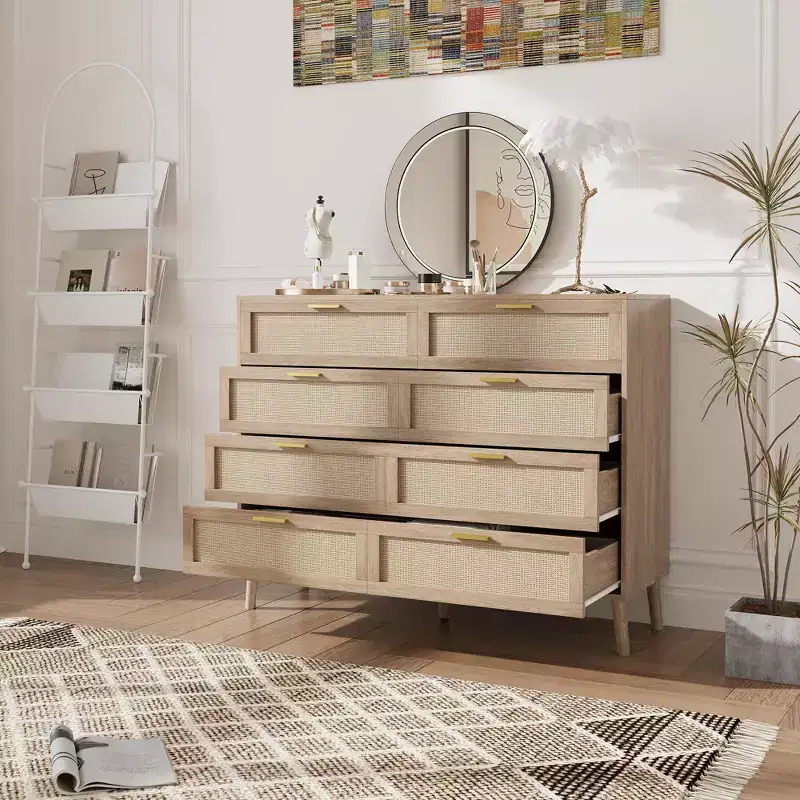 Rattan Chest of Drawers, 8-Drawer Dresser with Wood Legs and Metal Handles, Boho Style Storage Organizer for Bedroom