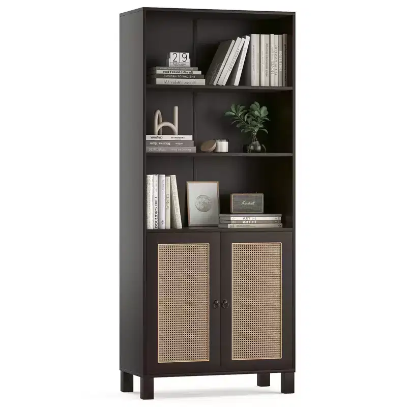 5-Shelf Tall Bookcase with Rattan Doors – White, 71