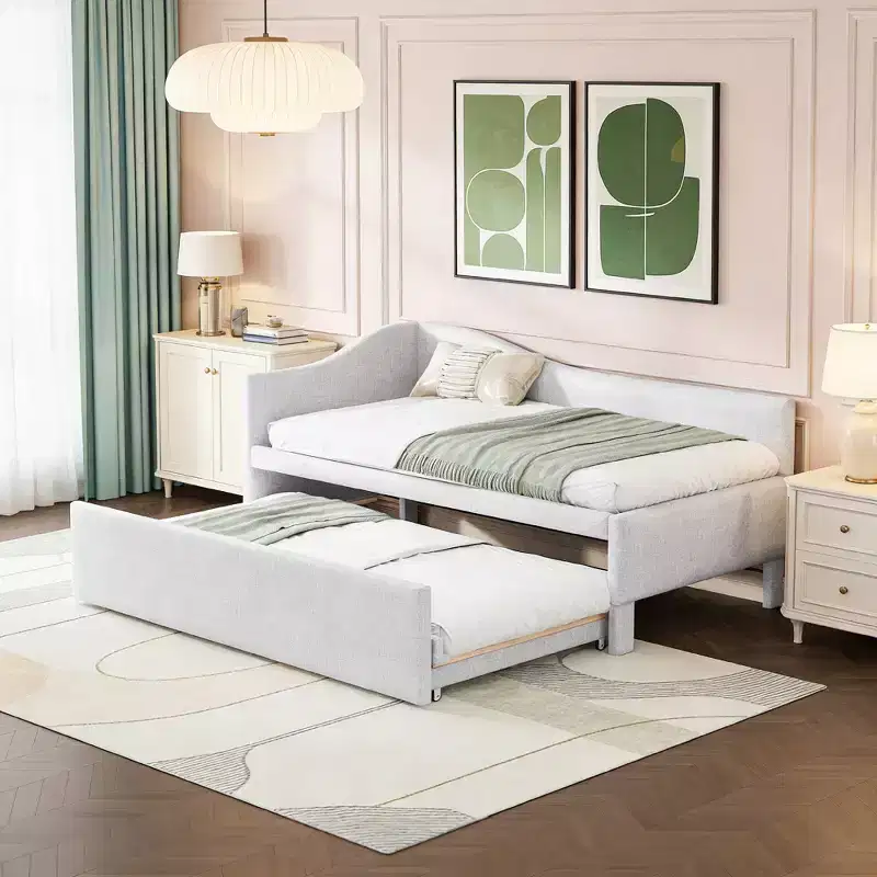 Twin Size L-Shaped Upholstered Daybed with Pop-Up Trundle, Beige/Gray/Pink, Seats & Sleeps 1–2