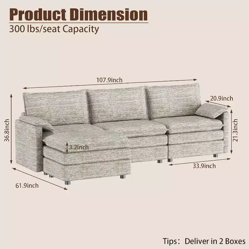 108 Modular Sectional Cloud Couch, Modern Chenille L Shaped Modular Sofa, Sectional Sofa for Apartment
