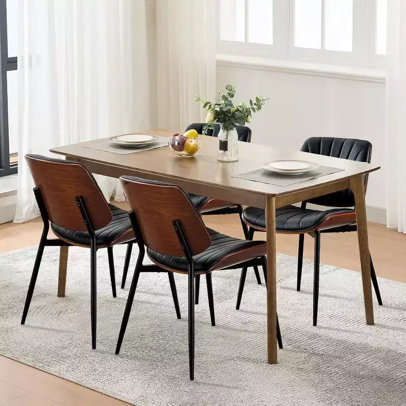 COZONY Mid Century Modern Dining Chairs, Upholstered PU Leather Walnut Bentwood Back Metal Legs Adjustable Feet for Kitchen Dining Room
