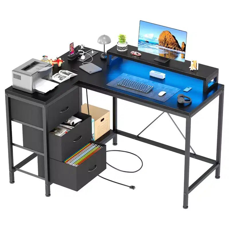 43 Inch Computer Desk, L Shaped Desk with Power Outlets and Led Lights, 3-Drawer Gaming Desk with Storage Shelves and Monitor Stand