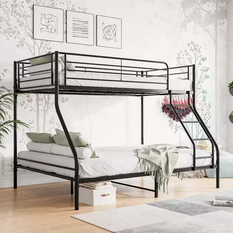 Twin-Over-Full Metal Bunk Bed with Ladder and Upper Guardrail, Black