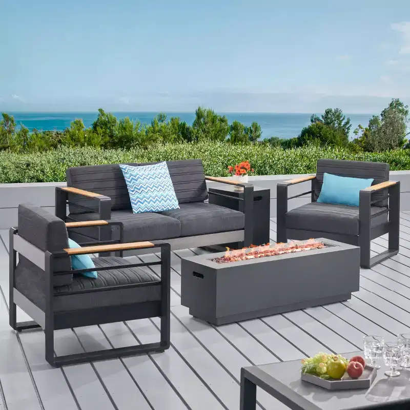 Christopher Knight Home Ostrander 4-Seater Outdoor Aluminum Chat Set with Fire Pit Table, Black/Dark Gray