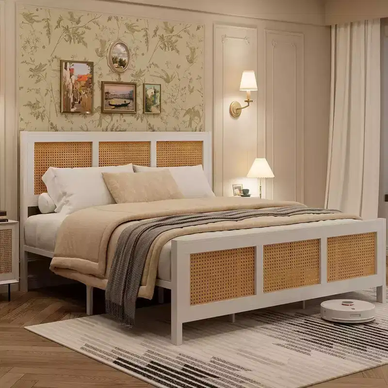 Bed Frame with Headboard, Bohemian Rattan Platform Bed Frame with Strong Metal Slats Support, No Box Spring Needed, Noise-Free Design
