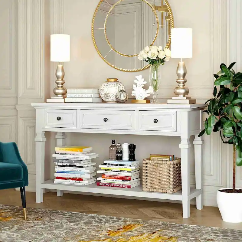 Retro Style Console Table with 3 Drawers and Open Bottom Shelf - Gray Wash