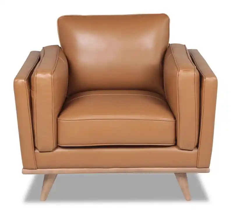 40 Genuine Leather Chair with Removable Seat Cushion and Wood Base - Caramel Brown