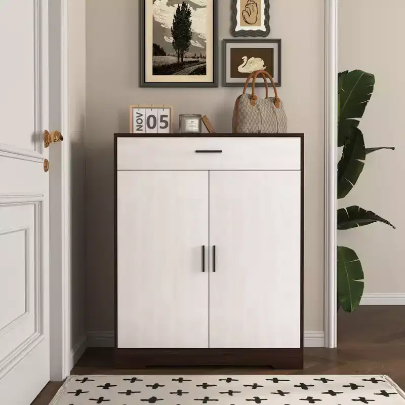 MAYEERTY Shoe Cabinet, 4-Tier Rack with 1 Drawer, Freestanding Wooden Storage with 2 White Doors & Adjustable Shelves for Entryway/Hallway