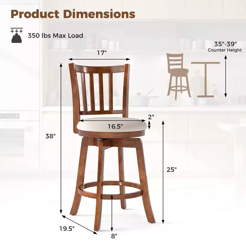 Costway 25'' Swivel Counter Barstools Set of 4 w/Backrest & Upholstered Seat Footrest