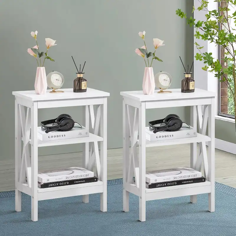 Modern Side Tables with 3-tier Storage Shelves, X-Shaped Nightstand