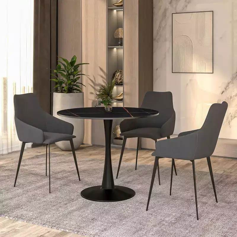 Bristol 31 Round Dining Table Sintered Stone Top, Black Steel Pedestal Base, Accent Café Table for Kitchen & Small Spaces