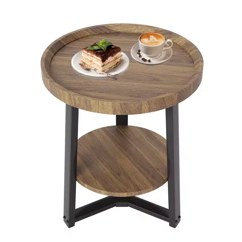 Round Side Table, 2 Tier Bedside Table with Storage, Modern Wood Small Nightstand for Living Room, Bathroom, Bedroom, Walnut