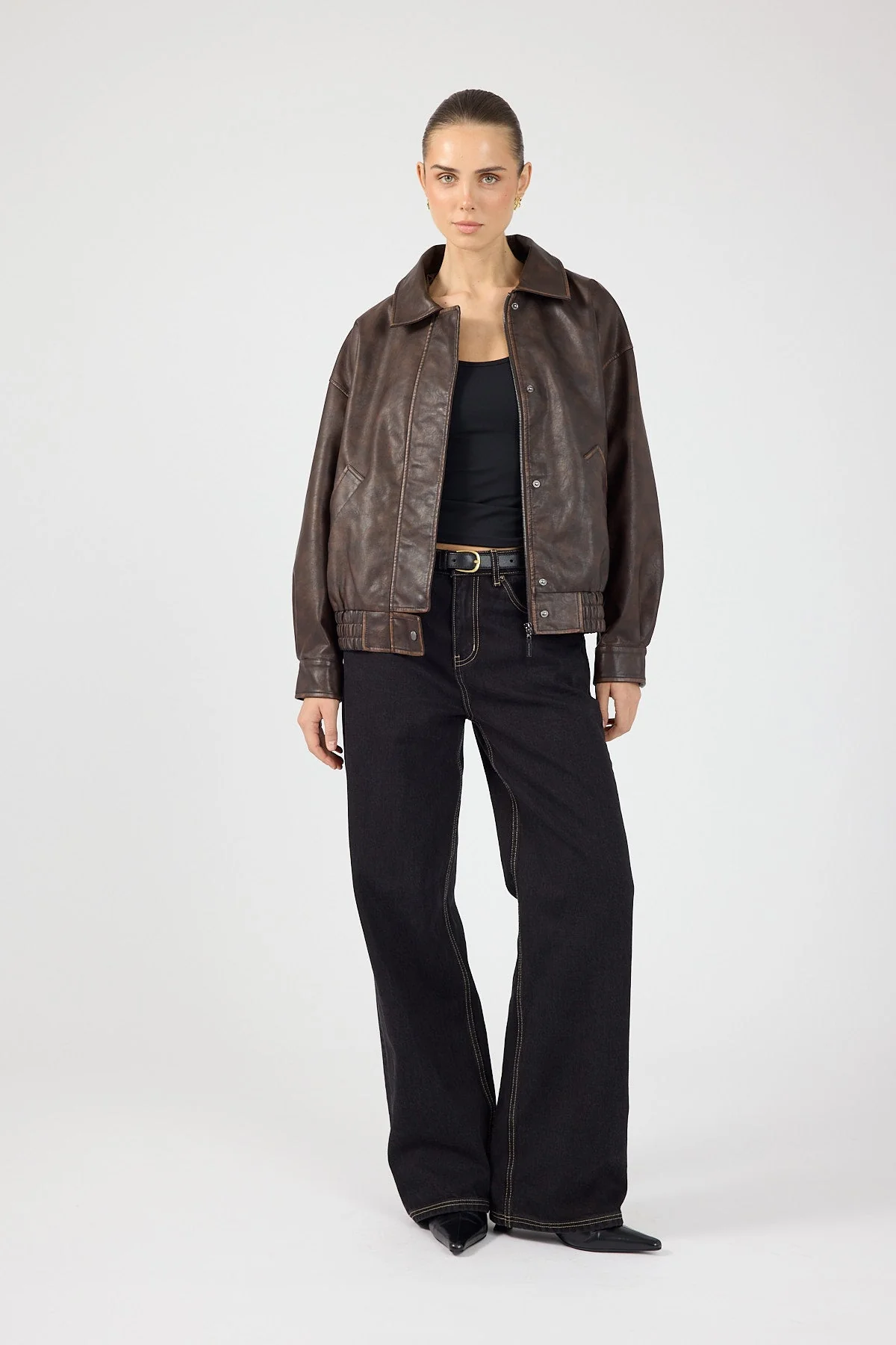 Washed Faux Leather Bomber Brown
