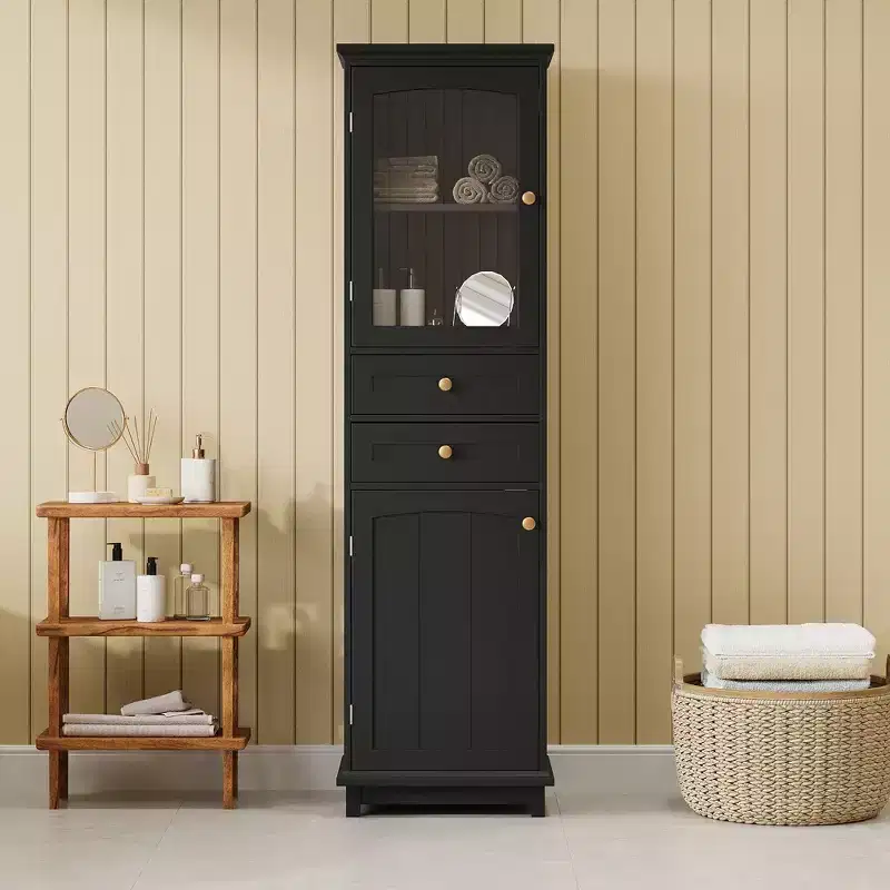 Okak 63 Inch Tall Bathroom Storage Cabinet with Glass Doors, Slim Freestanding Storage Cabinet with 2 Drawers and Adjustable Shelf