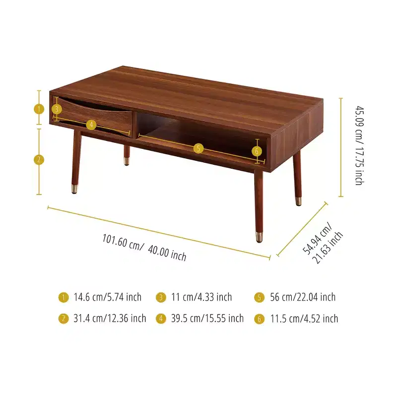 Dawson Mid-Century Modern Coffee Table with Drawer & Shelf