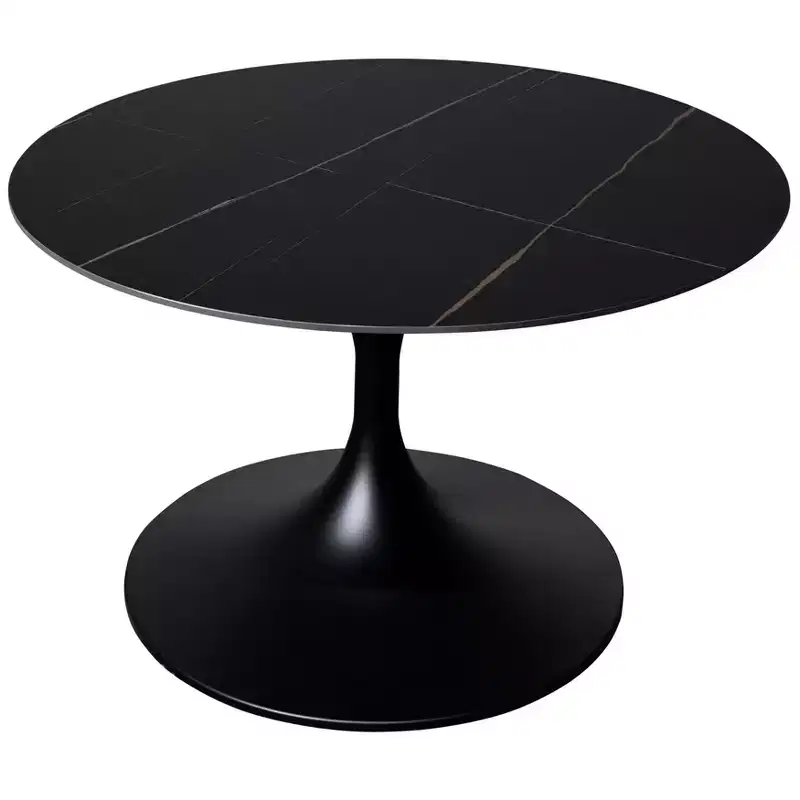 LeisureMod Verve 24 Round Coffee Table - Sintered Stone Top and Modern Black Pedestal Base Accent Table for Contemporary Living Room