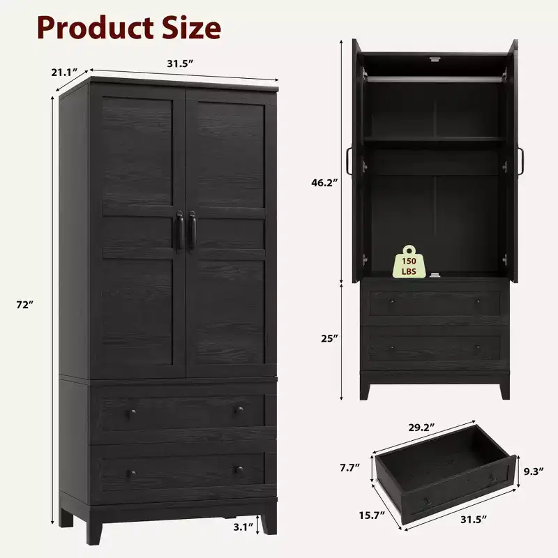 Wooden Wardrobe Closet, 2 Drawers, Adjustable Shelves, Sturdy Clothes Organizer, for Bedroom