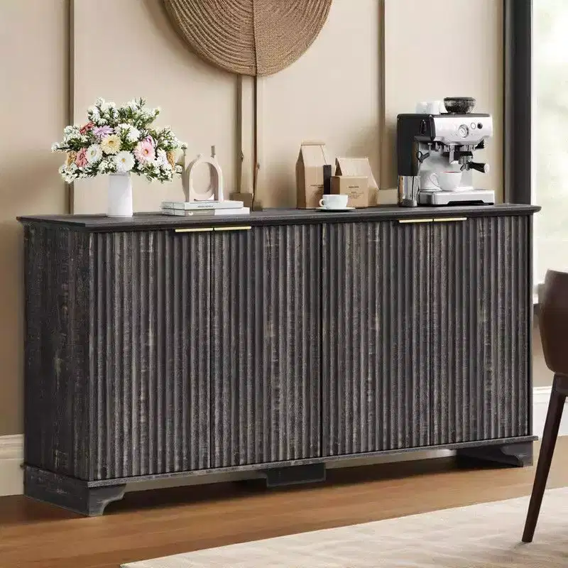 Sideboard Buffet Cabinet with 4 Fluted Doors & Adjustable Shelves, Coffee Bar