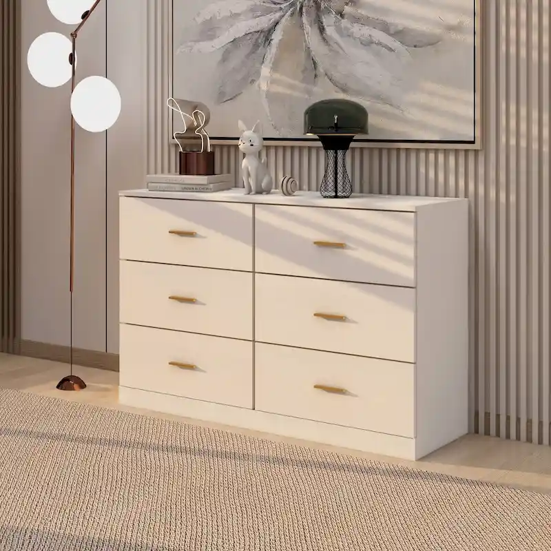 White 2-Column 6-Drawer Dresser with Gold Handles