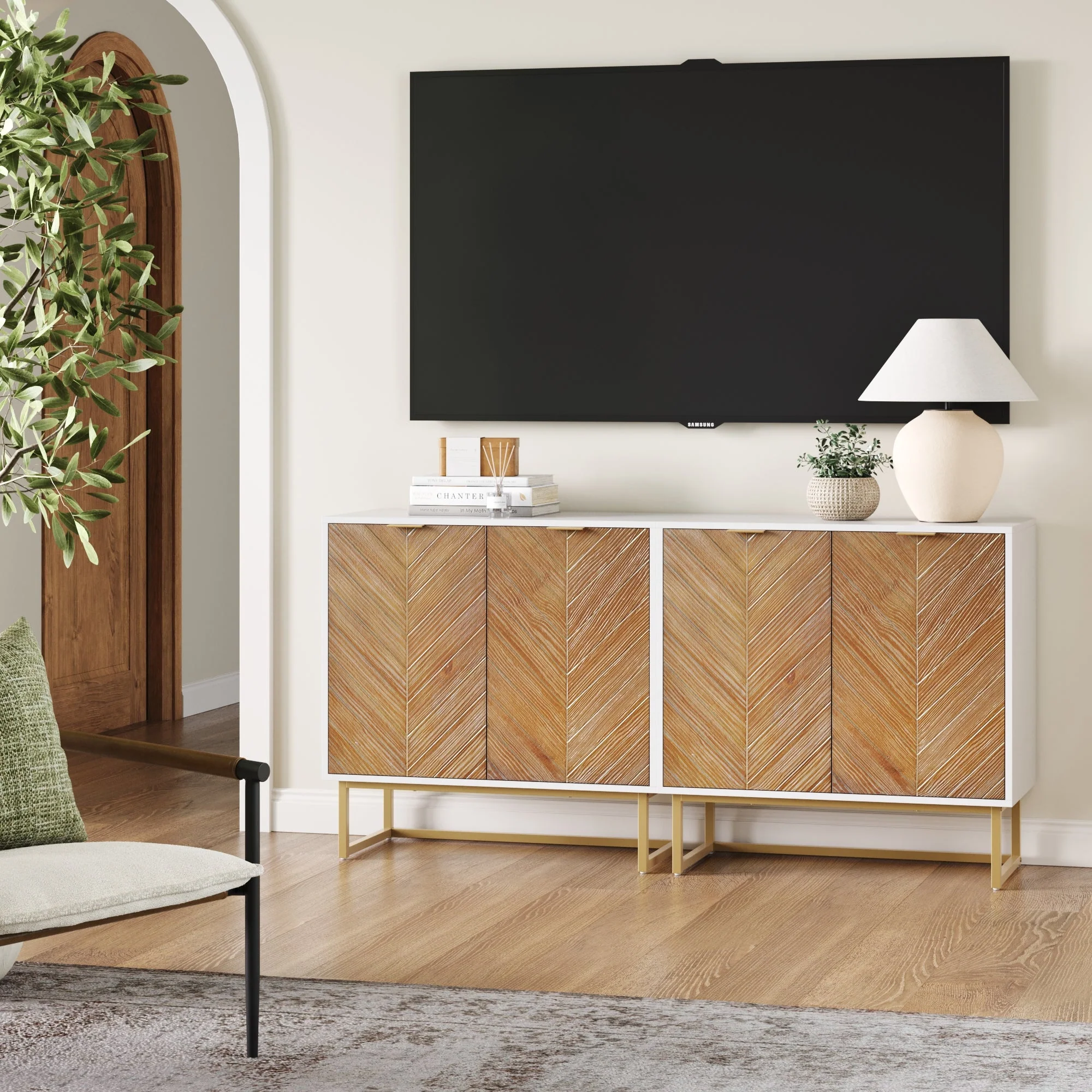 Wood Herringbone TV Console for TVs up to 65 Natural Wash/White