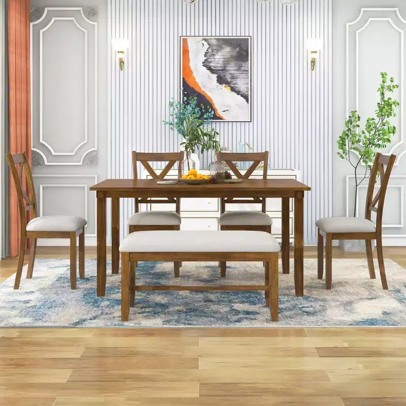 Whisen 6-Piece Wooden Rectangular Kitchen Dining Table Set with 4 Fabric Chairs and Bench