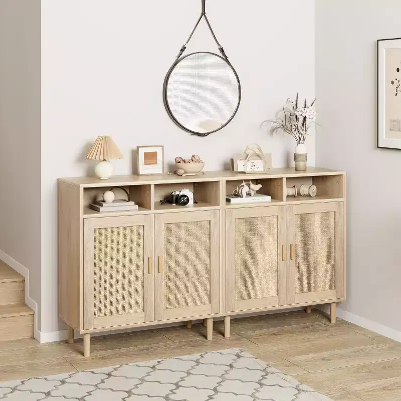 Rattan-Style Sideboard Cabinet with 2 Doors and Open Shelf