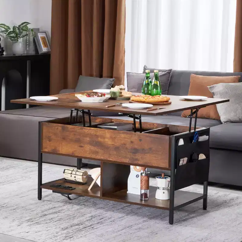VEVOR Lift Top Coffee Table, 39.4 in Rectangle Coffee Table, Flipable Coffee Table with Power Strip & USB & Ambient Lighting for Living Room, Brown