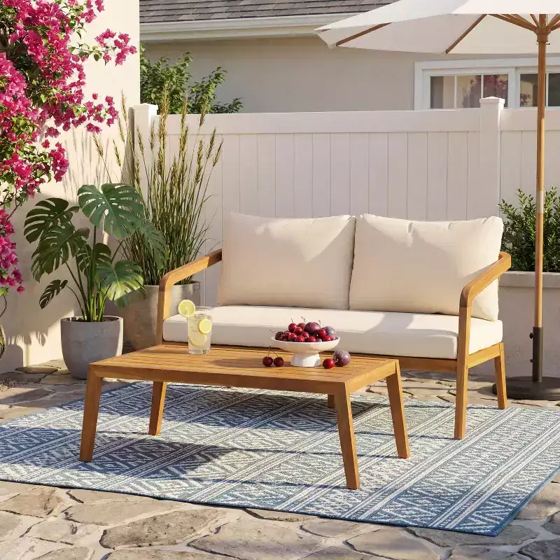 Christopher Knight Home Nolan Patio Acacia Wood and Wicker 2-Piece Loveseat Set with Coffee Table and Cushions