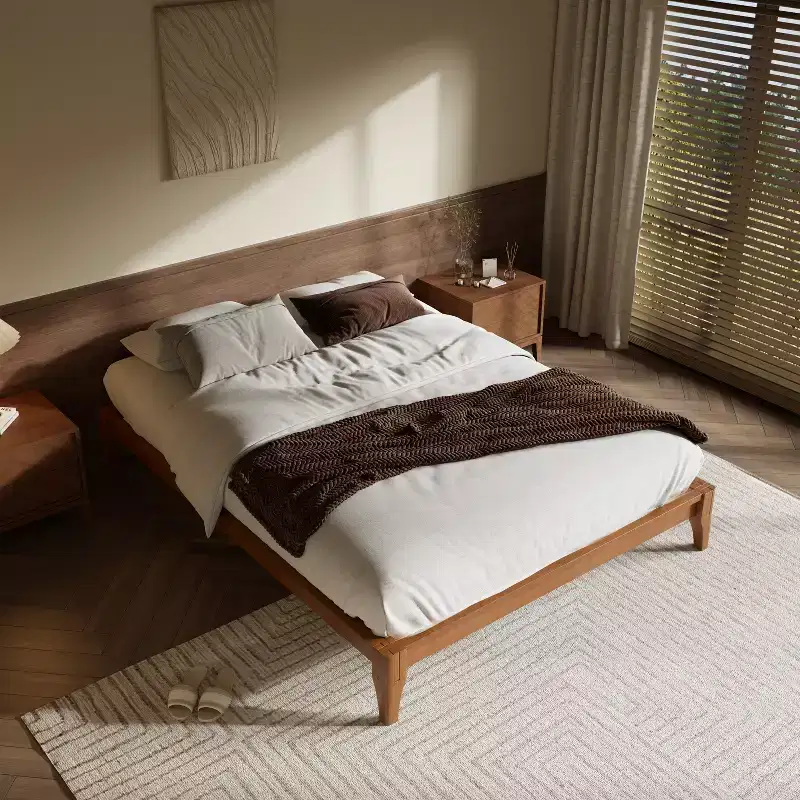 Solid Bamboo Platform Bed Frame with Wooden Slats & Metal Support