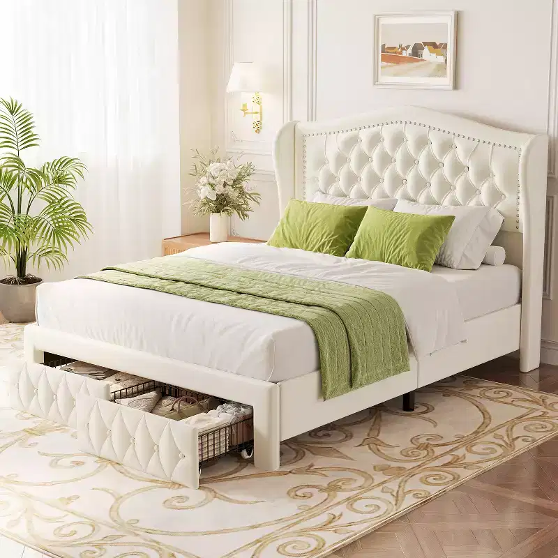Queen Bed Frame, Velvet Upholstered Platform Bed with 2 Storage Drawers, Tall Wingback Headboard, Wooden Slats, No Box Spring Needed