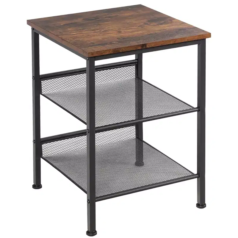 3-Tier Industrial End Side Table Nightstand with 2 Adjustable Shelves - Rustic Brown