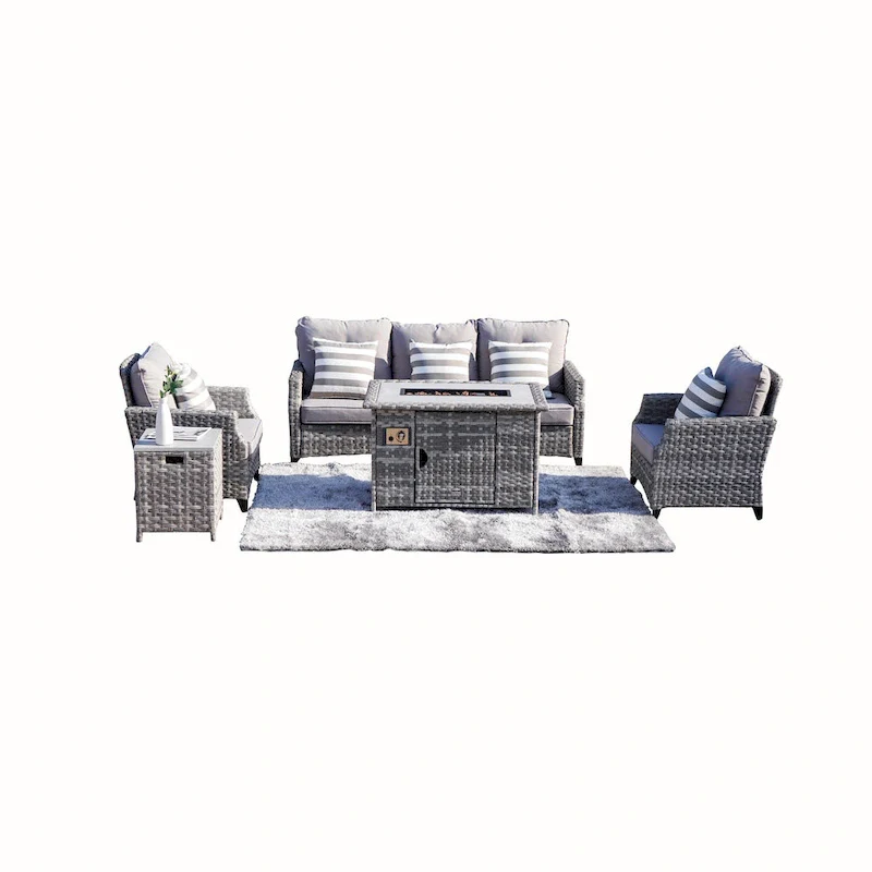 Abrihome 5-piece Wicker Patio Garden Furniture Sofa Set with Gas Fire Pit