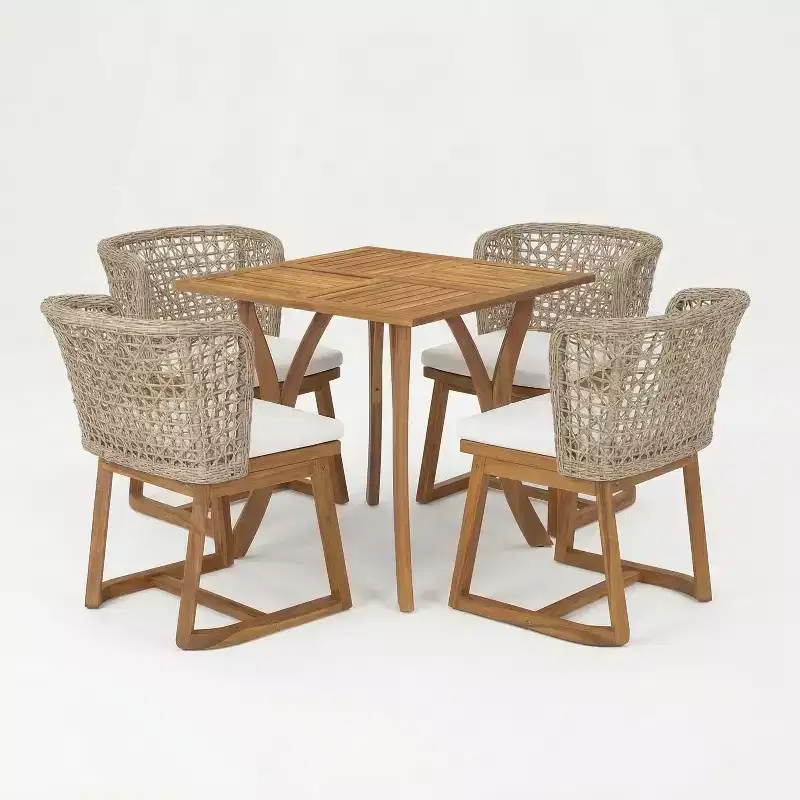 Christopher Knight Home Danio Modern 5 Piece Outdoor Acacia Wood Dining Set with Slatted Table and Wicker Back
