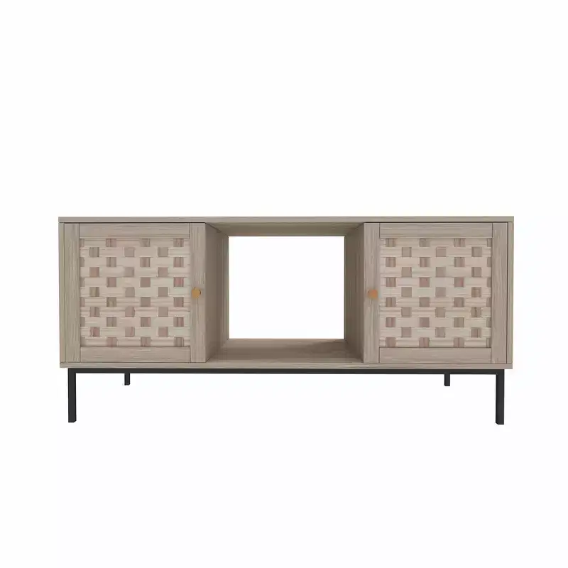 Rectangular Wooden Coffee Table with Sliding Door & Woven Veneer, Symmetrical Storage for Living Room or Bedroom