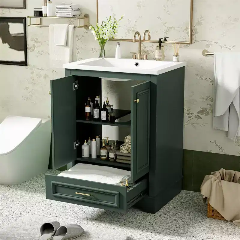 24 Modern Bathroom Vanity, Bathroom Single Sink Cabinet with 2 Doors and 1 Drawer, Adjustable Shelves