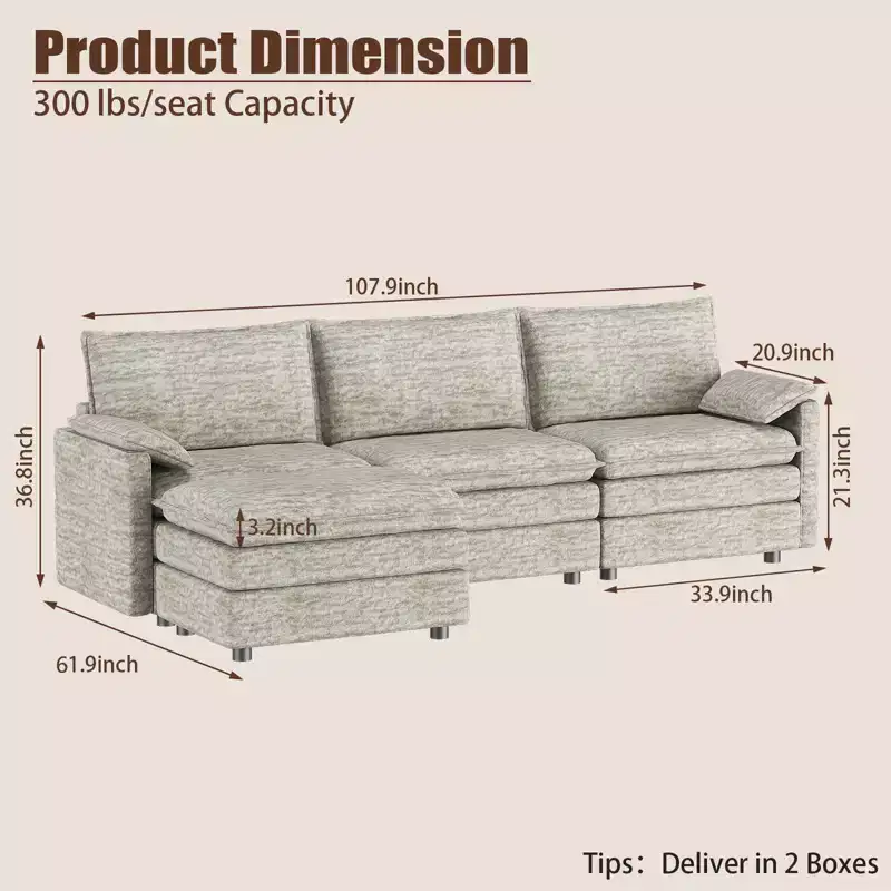 108 XL Modular Sectional Sofa, Deep Seat Modern Chenille L-Shaped Cloud Couch for 4 with Movable Ottoman, Versatile Sectional for Living Room
