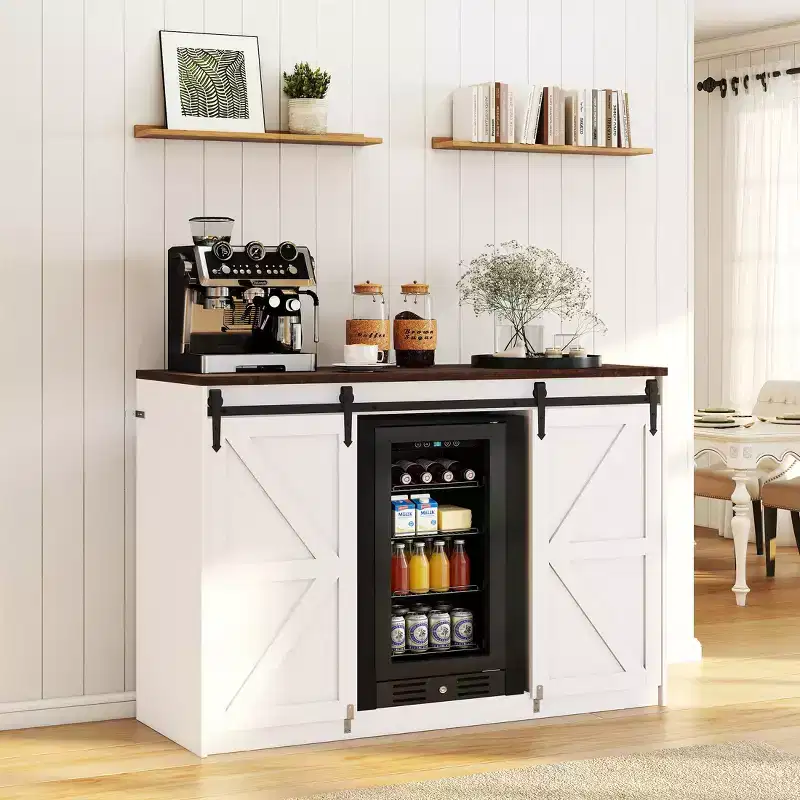 Farmhouse Mini Fridge Cabinet with Built-In Fridge Space, Power Outlet & Sliding Barn Doors
