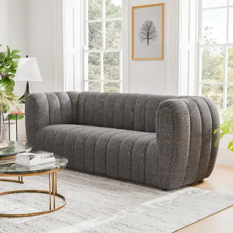 Modern Vertical Channel Tufted Boucle Accent Sofa Couch with Wooden Legs